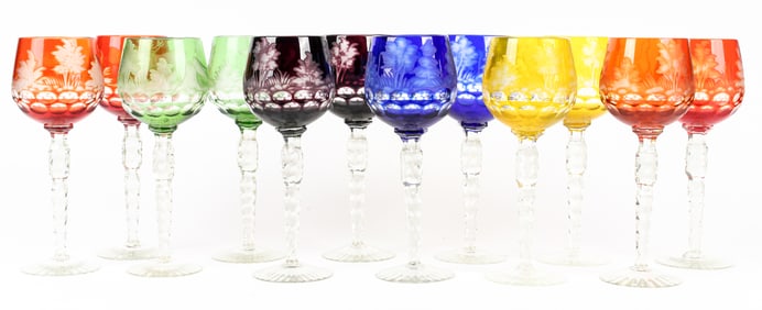 Twelve Bohemian Cut-to-Clear Wine Glasses, In Six Colors, Depicting Wildlife