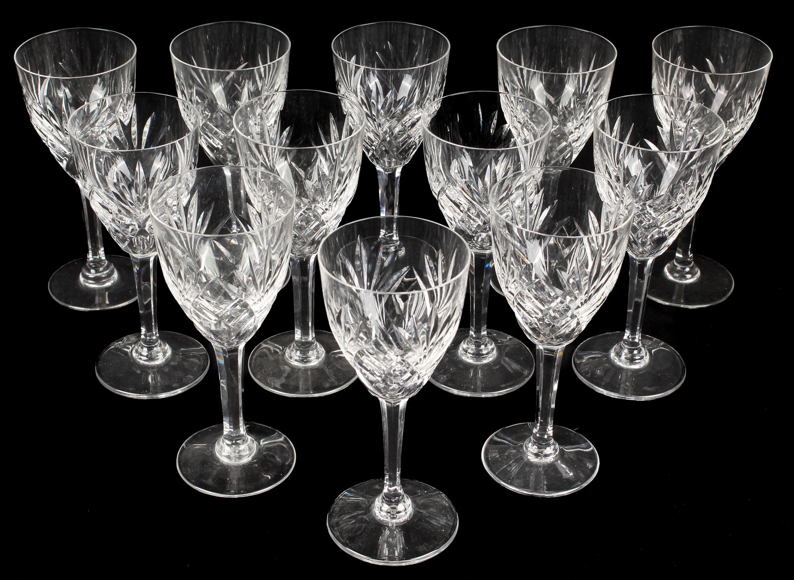 St. Louis Crystal Chantilly Burgundy Wine Glasses: Description: Twelve St. Louis cut crystal burgundy wine stems in the Chantilly pattern.Markings & Inscriptions: MarkedDate: Mid 20th century Maker: St. LouisDimensions: 7" H.Provenance: From a Parkesb
