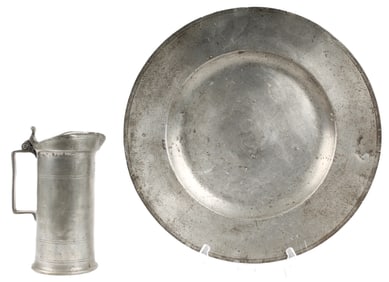 Early English Pewter Charger, Measure / Pitcher