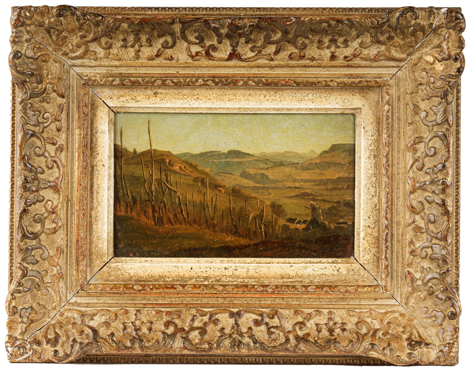 Pierre Pignolat (Swiss, 1838-1913) Landscape, Oil on Panel Painting: Description: An oil on panel painting depicting a European landscape, housed in a carved and parcel gilt frame. Markings & Inscriptions: Initialed bottom left, also labeled versoDate: Late 19th - earl
