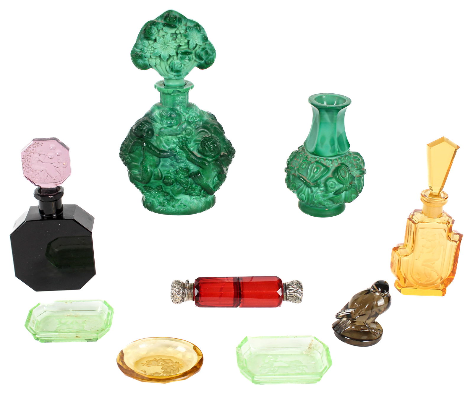 Early 20th Century Bohemian Glass Perfume Bottles Incl. Schlevogt: Description: A group of assorted Bohemian glass vanity items including two Hoffman perfume bottles, a Schlevogt malachite glass perfume bottle and vase, a two-sided ruby glass scent bottle, and three