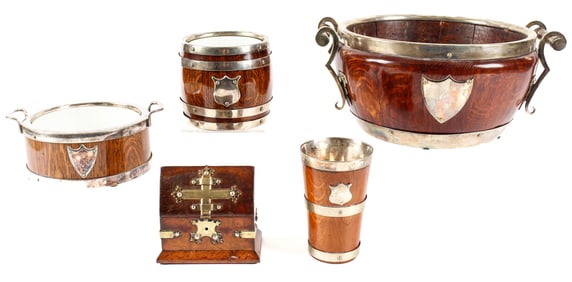 English Victorian Oak & Silverplate Presentation Bowls