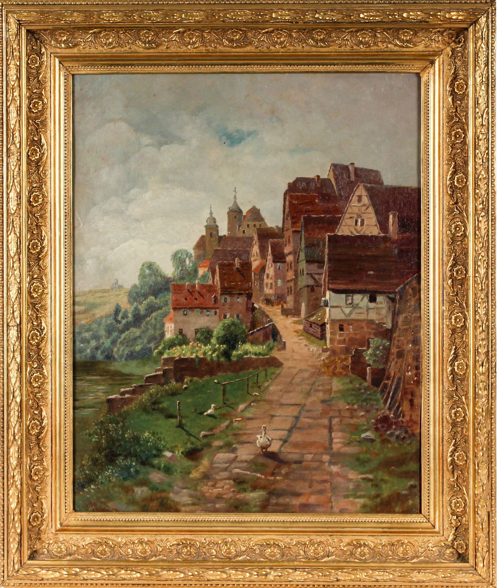 Early 20th C. Dutch School, Village, Oil Painting: Description: A Dutch village scene oil on canvas board painting ca. early 20th century, housed in a good gilt gesso frame. Markings & Inscriptions: Initialed "M.L." bottom left Date: Ca. 1910Maker: Du