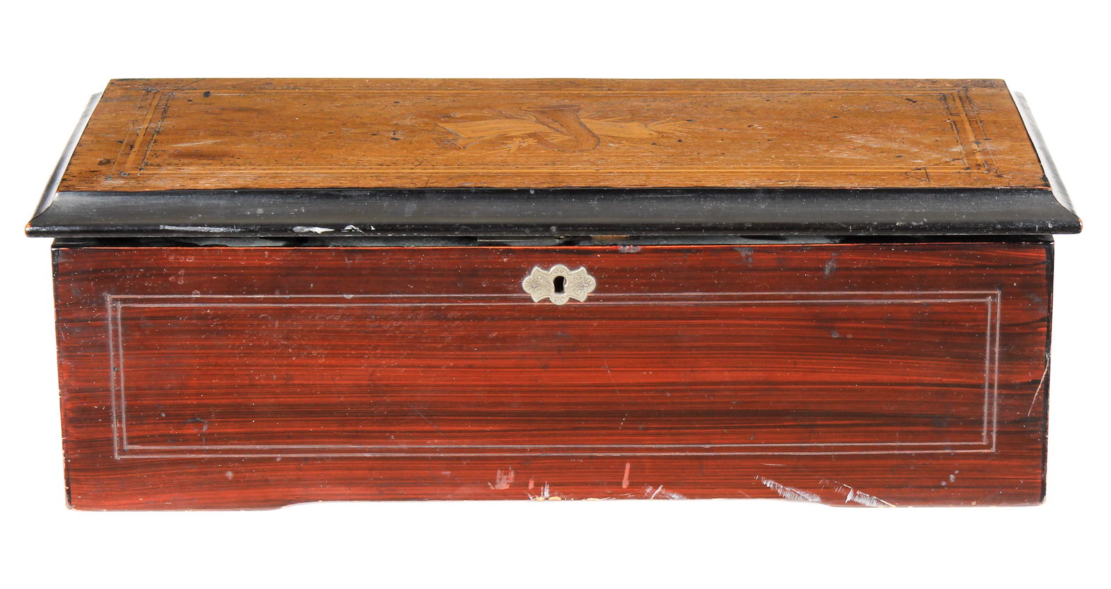 Inlaid Swiss Music Box: Description: A Swiss music box inlaid to the top with a horns and foliate medallion and striing inlaid border. Plays eight aires Markings & Inscriptions: Marked 'Switzerland' to the underside Date: La