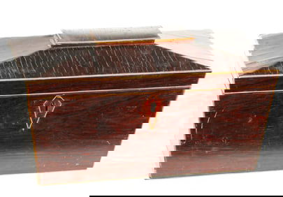 An English Regency Mahogany, Veneer and Inlaid Sarcophagus Form Tea Caddy