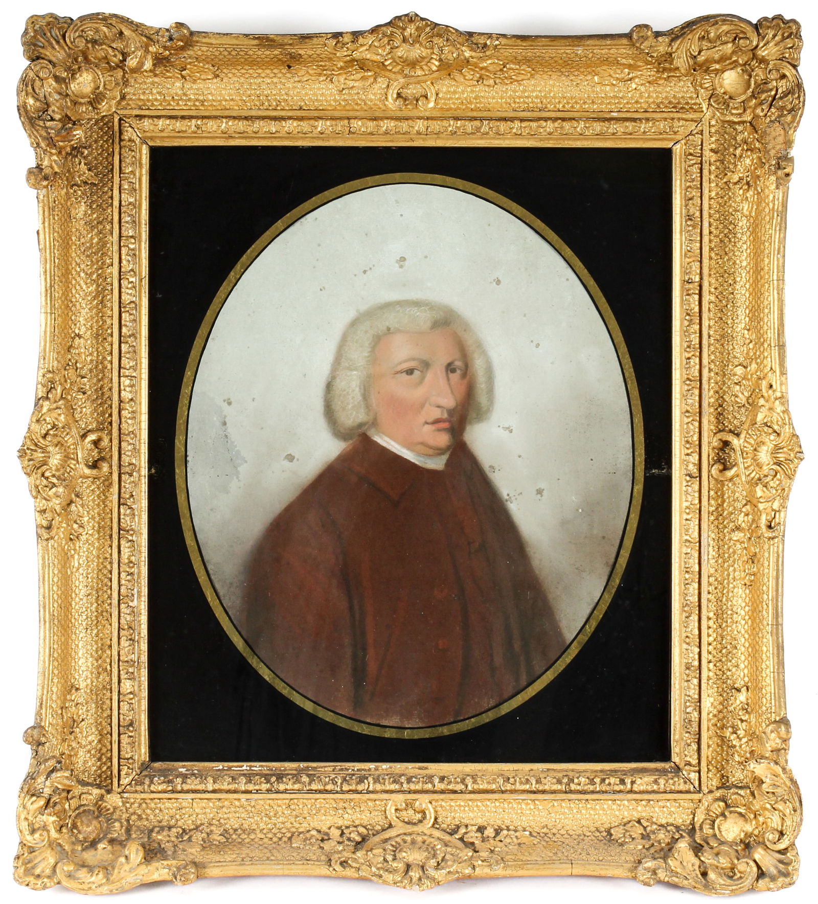 Pair of Giltwood Framed English Pastel Portraits, A Lady and a Gentleman, Artist Unknown: Description: A pair of English pastel on paper portraits of a lady and a gentleman in elaborately carved giltwood frames with eglomise glass matting. Markings & Inscriptions: No visible signatures, la