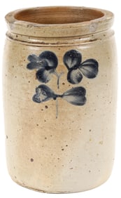 One Gallon Salt Glaze Stoneware Blue Flower Decorated Crock, 19th Century