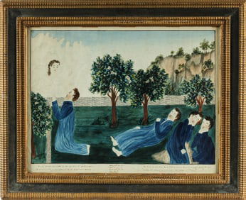 19th C. American Folk Art Biblical Scene Watercolor on Paper