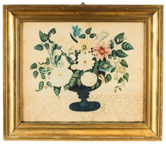 19th C. American Folk Art Floral Still Life Theorem, Albany Female Seminary