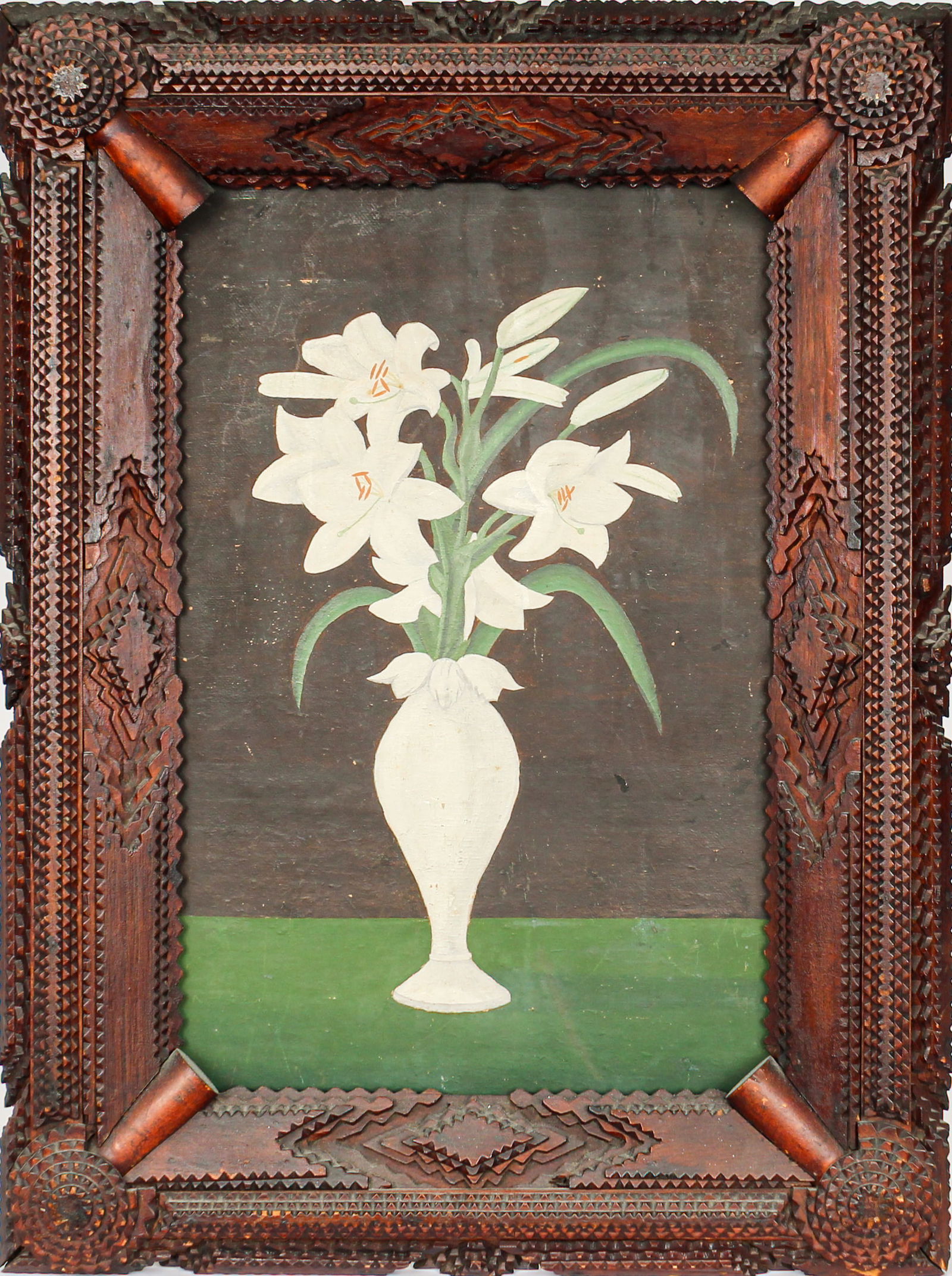 Elaborate Tramp Art Frame With Still Life of White Flowers in a White Vase (1 of 9)