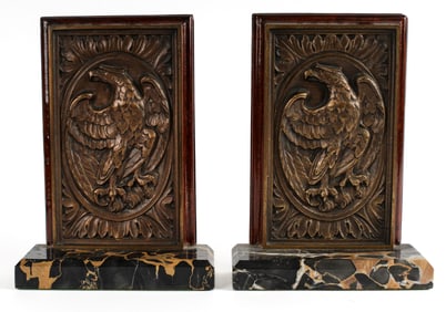 A Pair of Marble and Bronze Eagle-Plaque Bookends, Insurance Company of North America