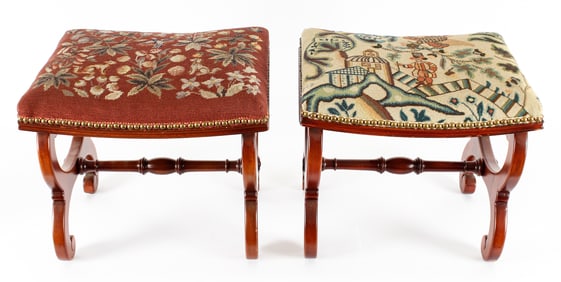Two American Classical Style Mahogany Needlepoint Footstools