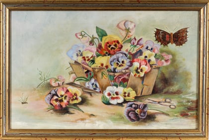 American School Victorian Flower Painiting of Pansies