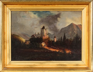 19th C. American School Folk Art Landscape Painting