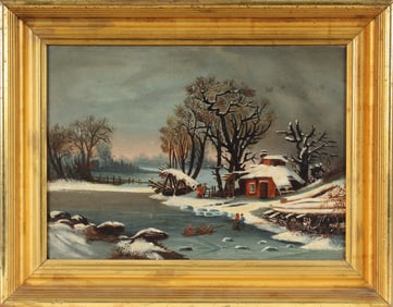19th C. American School Folk Art Winter Scene Painting