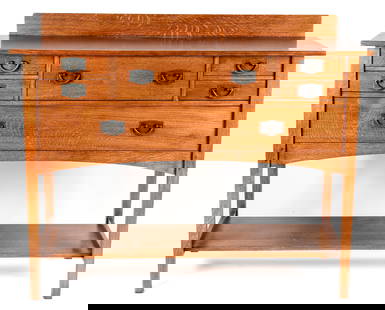 Gustav Stickley Harvey Ellis Oak Sideboard #800: Description: A contemporary Stickley Arts & Crafts style oak sideboard/server designed by Harvey Ellis, with dark copper hardware. Markings & Inscriptions: Marked Date: Early 21st centuryMaker: Stickl