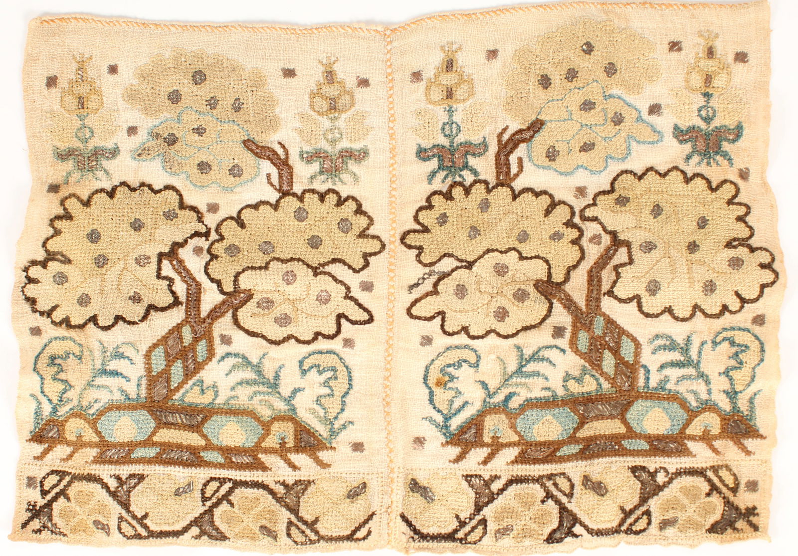 19th Century Ottoman Silk Embroidery: Description: A silk and metallic thread on linen embroidery depicting naturalistic motifs. Markings & Inscriptions: Unmarked Date: 19th century Maker: Ottoman/Turkish Dimensions: 10.5" x 16". Provenan