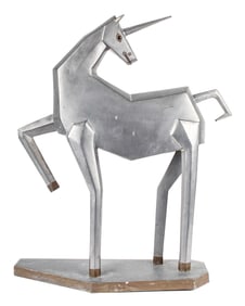 Large Asian Pewter & Brass Unicorn Sculpture, 26", Art Deco Style