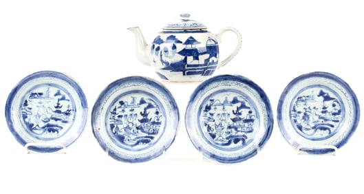 19th Century Chinese Export Blue Canton Porcelain Teapot, Dishes