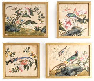 Four Antique Chinese Export Pith Paintings of Birds