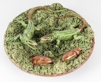 Manuel Mafra Portuguese Palissy Majolica Plate Lizards and Beetles