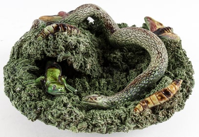 Jose Alves Cunha Portuguese Palissy Majolica Dish Snake, Caterpillars, Butterflies, Lizard