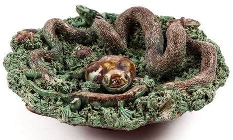 Jose Alves Cunha Portuguese Palissy Majolica Dish Snake, Butterflies, Frog