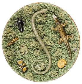 Attr. to Jose Alves Cunha Portuguese Palissy Majolica Dish Snake, Frog, Insects