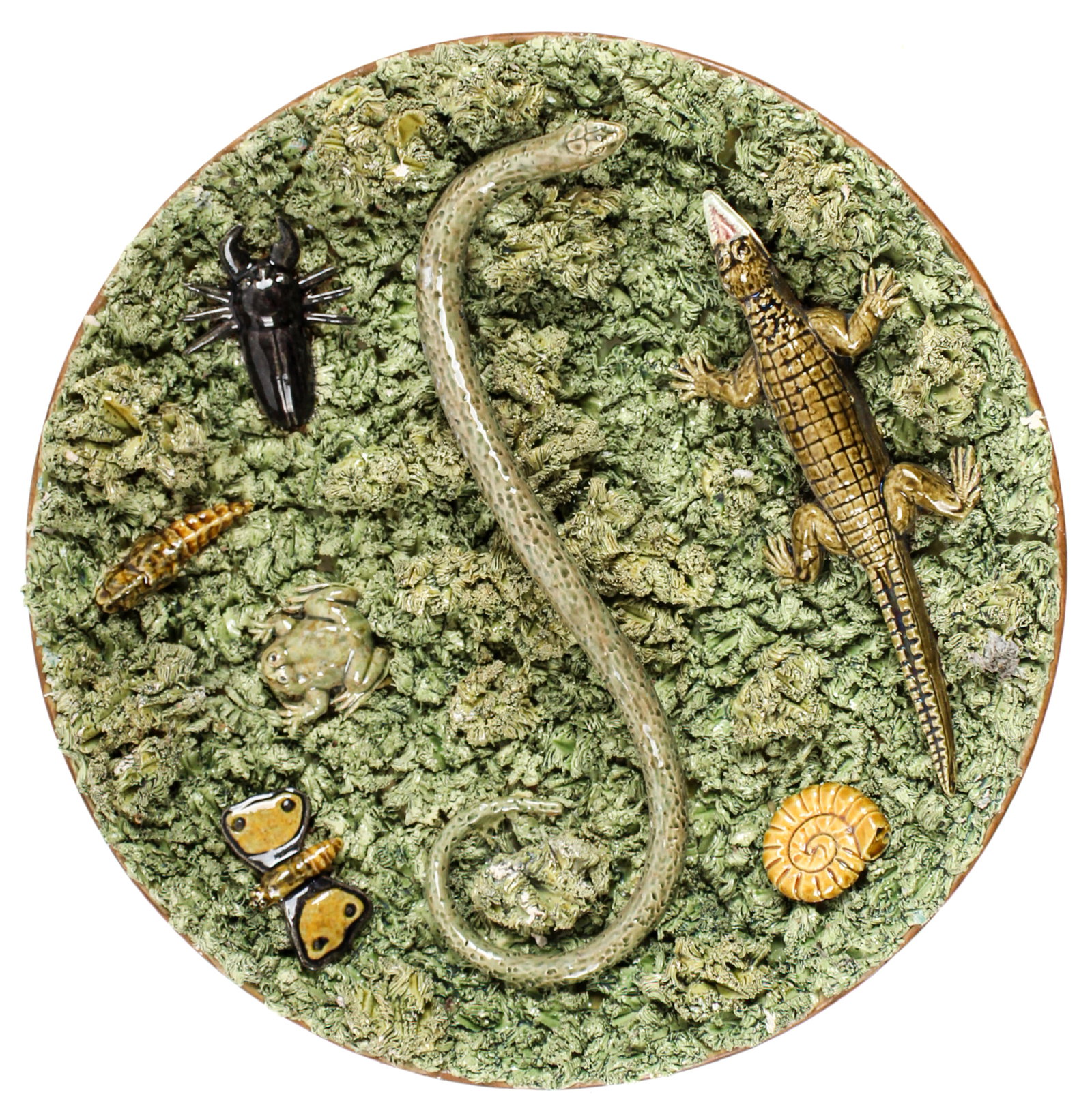 Attr. to Jose Alves Cunha Portuguese Palissy Majolica Dish Snake, Frog, Insects (1 of 6)