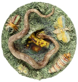 Jose Alves Cunha Portuguese Palissy Majolica Dish Snake, Lizard, Butterflies