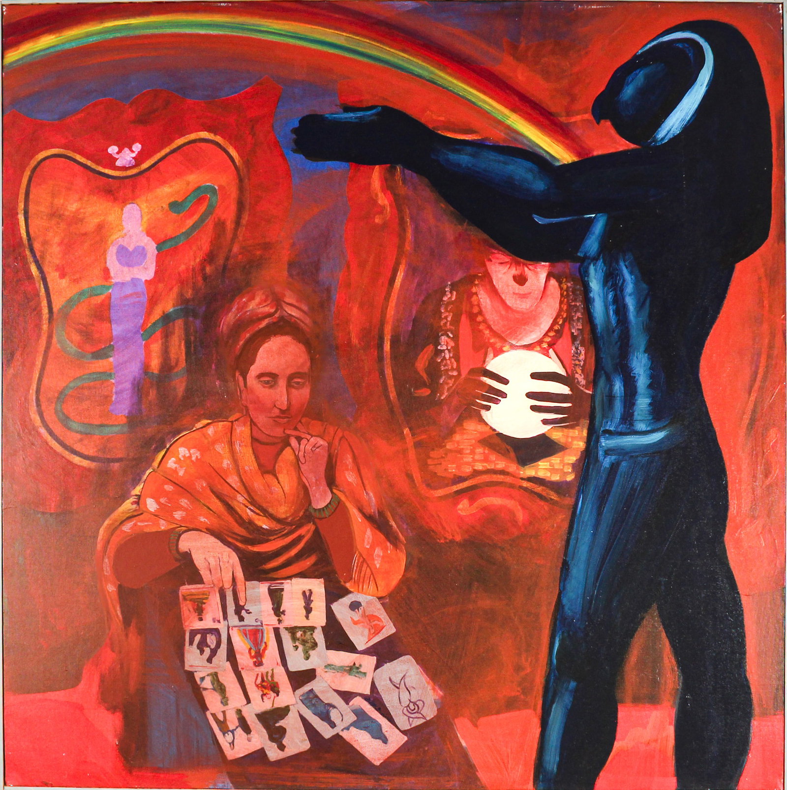 Christine McGinnis (American, 1937-2019) Untitled, Acrylic on Canvas Painting: Description: An acrylic on canvas painting depicting a fortune teller, a tarot card reeder, a figure of Horus or Ra, and a rainbow. Materials: Acrylic on canvas Markings & Inscriptions: Signed Date: M