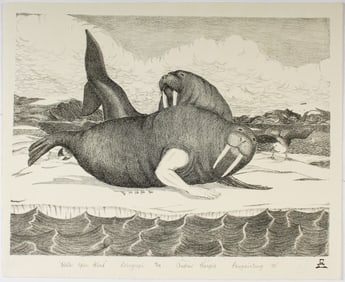 Shuvinai Ashoona "Settlement" Etching, Andrew Karpik (Inuit, B. 1964) "With Open Mind" Lithograph