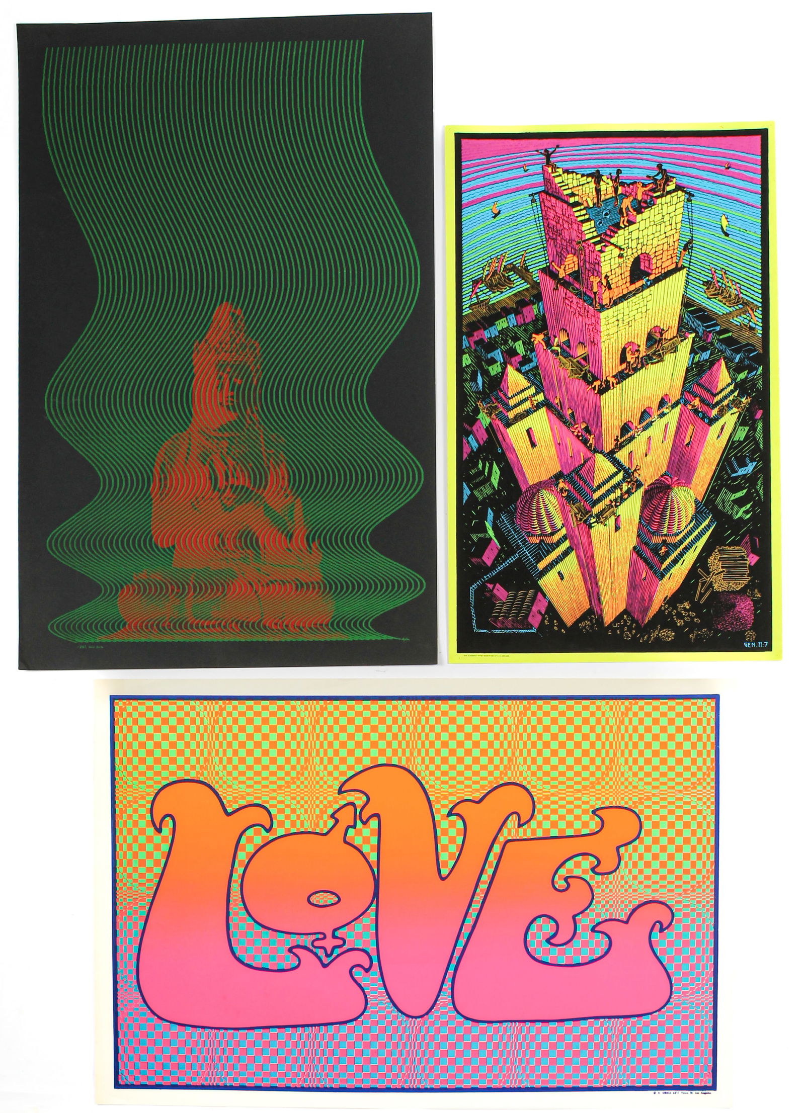 Three Psychedelic Black Light Posters, "Tower of Babel" after M.C. Escher, "Wavy Buddha" and "Love" (1 of 8)