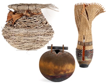 Rick Foris Raku Vase, Samuel Yao Basket, Pierce & Jenesel Vase