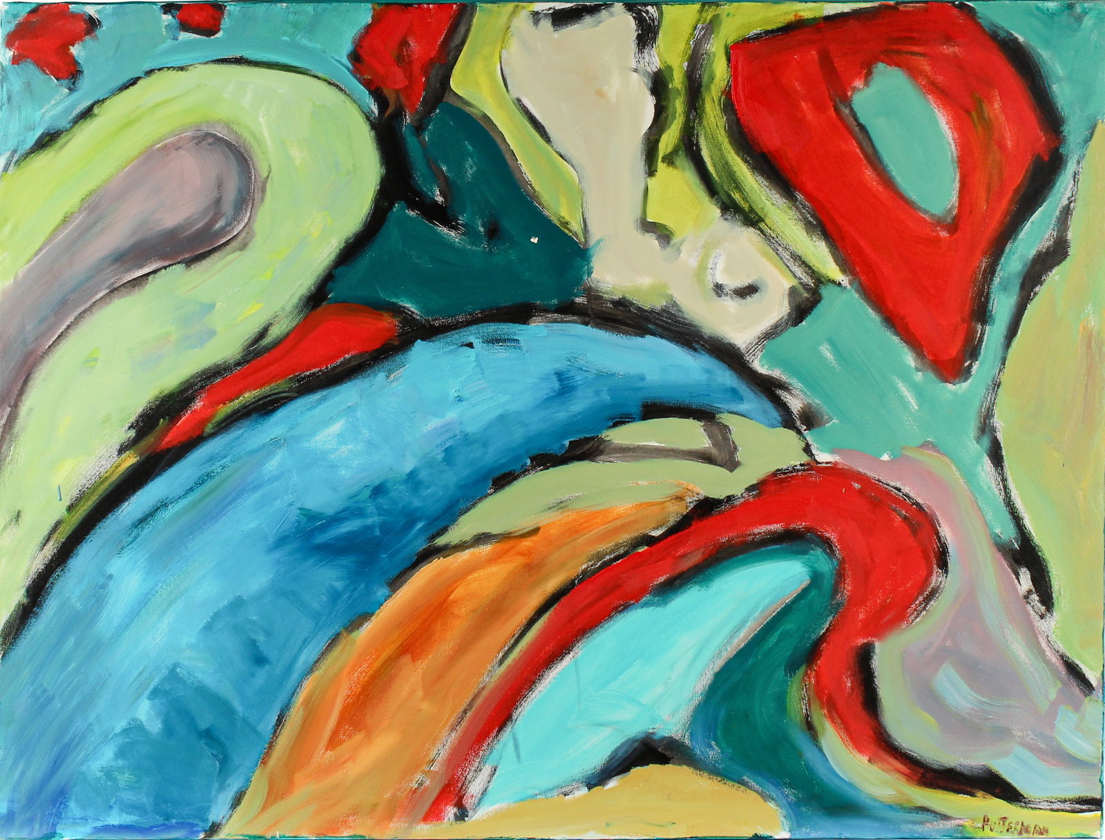 Florence Putterman (American, 1927-2021) Circling Round, Oil on Canvas Painting: Description: An unframed abstact oil on canvas in blues, greens, and red. Florence Putterman's work is characterized by a symbolism wholly her own, inspired by her studies of the sybolism of prehistor