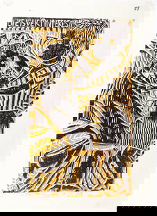 John Muafangejo (Nambian, 1943-1987) Color Linocut: Description: A color linocut depicting a male and female figure beneath the phrase "Life is Very Interesting." Markings & Inscriptions: Signed, dated, and numbered 17/100 Date: 1974Maker: John Muafang