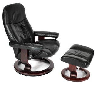 Ekornes Stressless Black Leather Lounge Chair & Ottoman