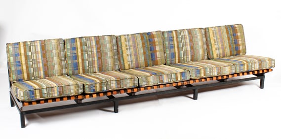 Mid Century Modular Sofa, Leather Straps, Steel Base, Period Upholstery