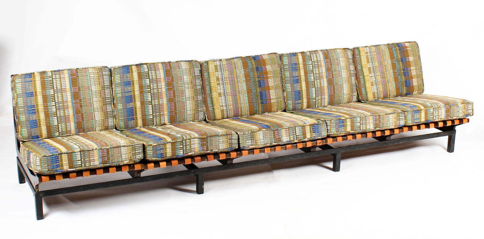 Mid Century Modular Sofa, Leather Straps, Steel Base, Period Upholstery (1 of 8)