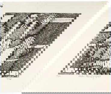 John Muafangejo (Nambian, 1943-1987) Holy Communion, Linocut on Paper: Description: A linocut on paper depicting a priest and four kneeling figures titled "Holy Communion", numbered 10/50. Markings & Inscriptions: Pencil signed, numbered and dated Date: 1974 Maker: John