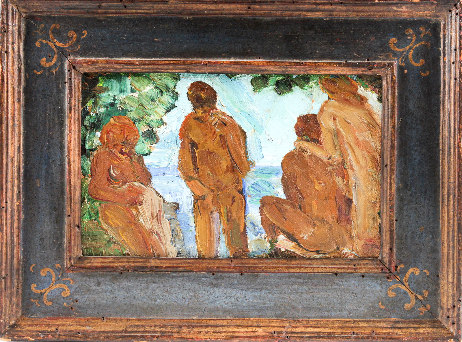 Mid Century Expressionist Bathing Nudes Oil on Board Painting: Description: Likely French, bearing a Karl Mann Associates, New York gallery label verso, and housed in an antique carved and painted frame. Markings & Inscriptions: LabeledDate: Mid 20th centuryMaker