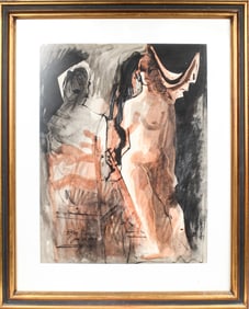 Byron Browne (American, 1907-1961) Artist and Model, Signed and Dated, Ink, Conte, and Chalk on