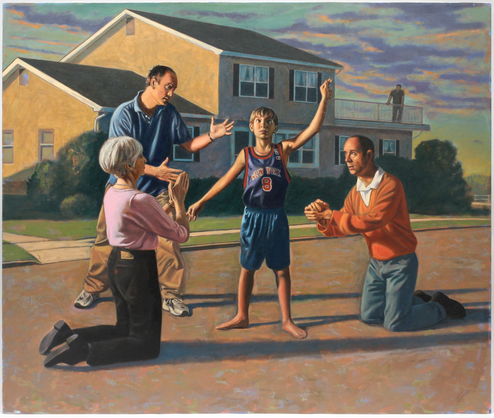 John Thornton (American, B. 1952) Child Worship, Oil on Canvas Painting: Description: A large oil on canvas painting depicting several figures around a boy wearing a New York Knicks jersey. John Thornton graduated from the Pennsylvania Academy of the Fine Arts in 1980. Whi