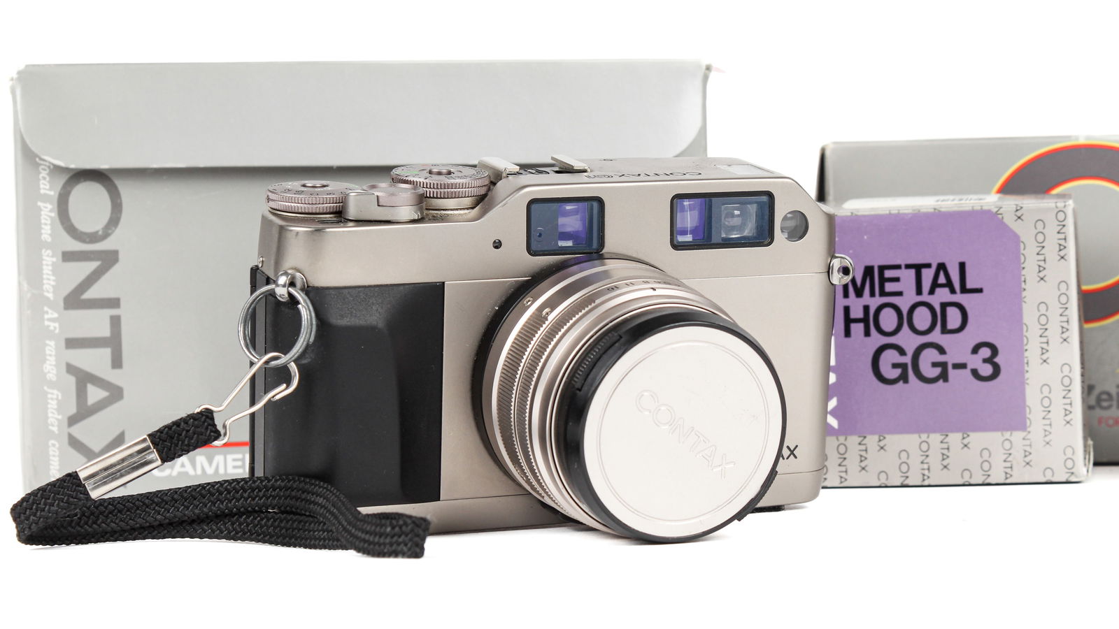 A Contax G1 Camera and Related Equipment, Lens, Metal Hood (1 of 2)