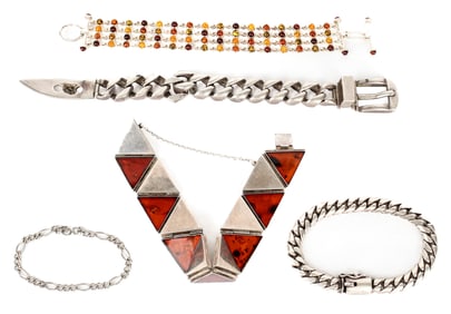 Six Silver Bracelets, One With Baltic Amber
