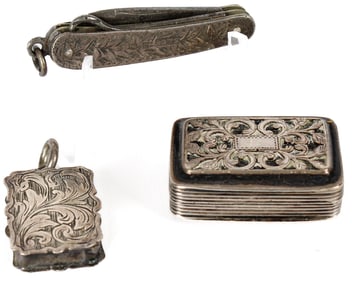 Three English Sterling Silver Items, Two Vinaigrettes and a Pocket Knife, Thomas Shaw, Francis