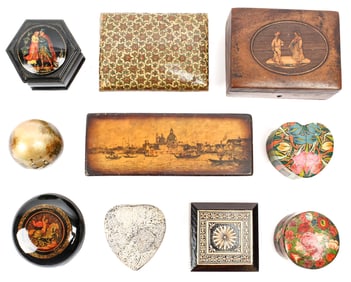 Group of Ten Trinket Boxes, Lacquer, Russian Lacquer, and Inlaid Wood