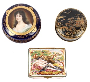 Group of Three Porcelain Trinket Boxes, Capodimonte, Royal Vienna, Crown Staffordshire