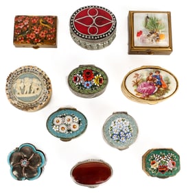 Group of Eleven Pill Boxes, Enameled, Porcelain
