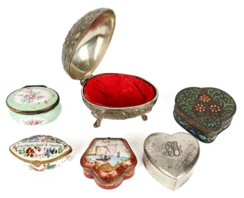 Group of Six Trinket Boxes, Porcelain, Silver Metal